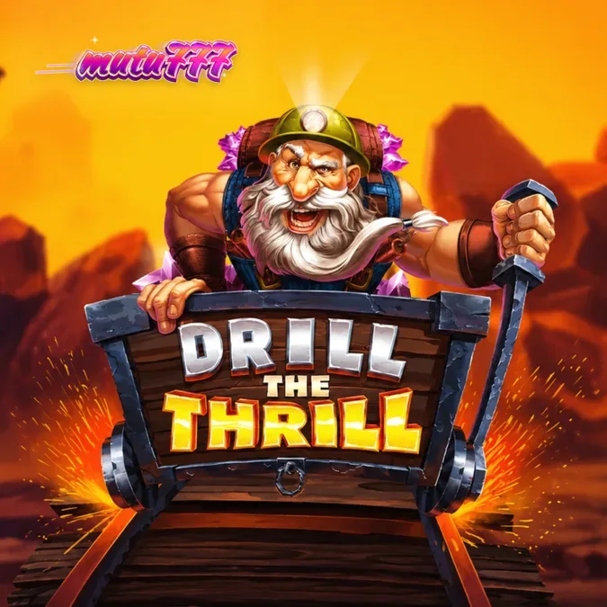 Tampilan visual slot Drill the Thrill dengan tema pertambangan dan simbol bor emas.